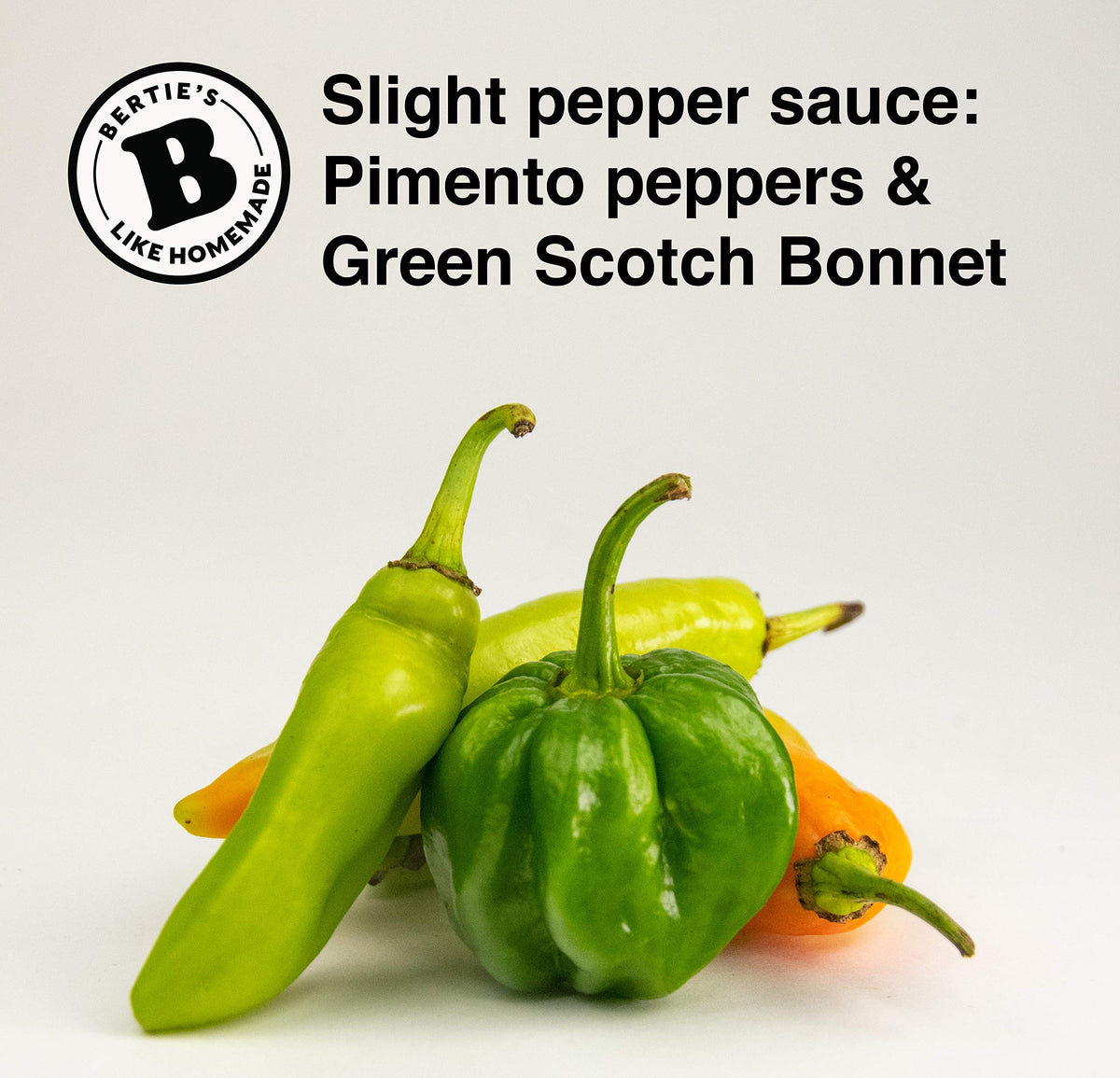 Ingredients close-up on Bertie's Slight Pepper Sauce label.