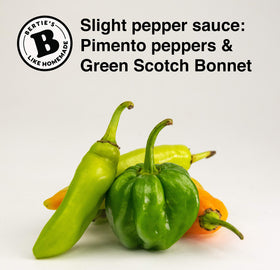 Ingredients close-up on Bertie's Slight Pepper Sauce label.