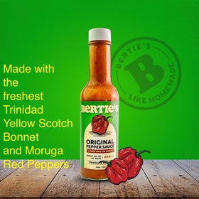 Bertie's Original label highlights premium peppers and iconic Trinidad spices