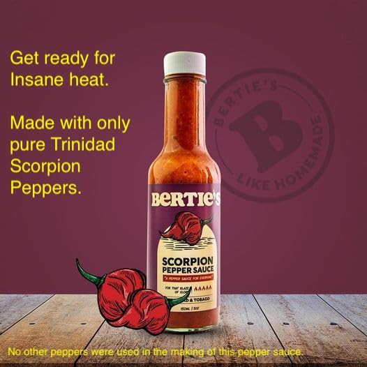 Bertie's Scorpion bottle uses pure Scorpion peppers for intense heat and distinct flavor