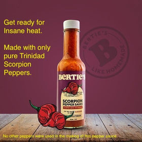Bertie's Scorpion bottle uses pure Scorpion peppers for intense heat and distinct flavor