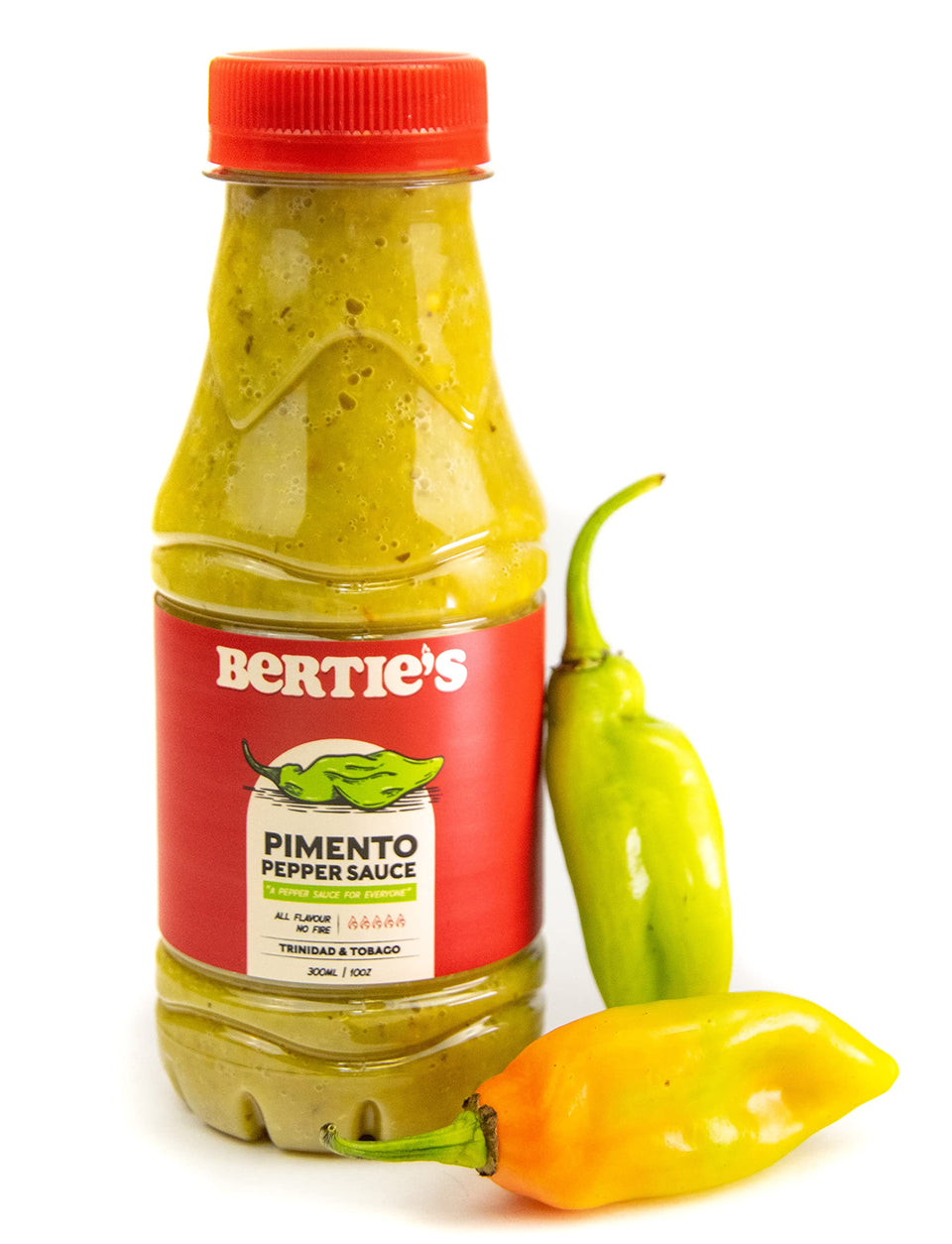 Bertie's Trinidad Pimento Sauce bottle front with rich, heat-free flavor