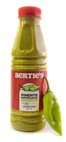 Bertie's Trinidad Pimento Sauce jar on shelf ready for weeknight meals