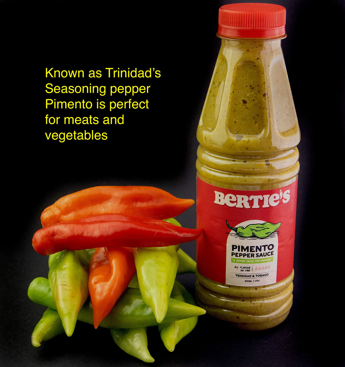 Bertie's Trinidad Pimento Sauce pour spout ready to flavor marinades