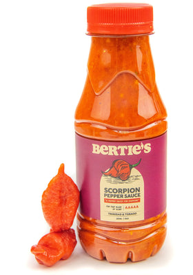 Bertie's Trinidad Scorpion bottle pour adds heat and vibrant flavor to dishes.