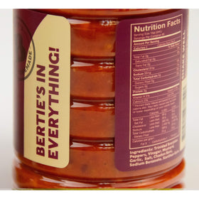 Bertie's Trinidad Scorpion ingredients graphic shows peppers, vinegar, and spices for heat.
