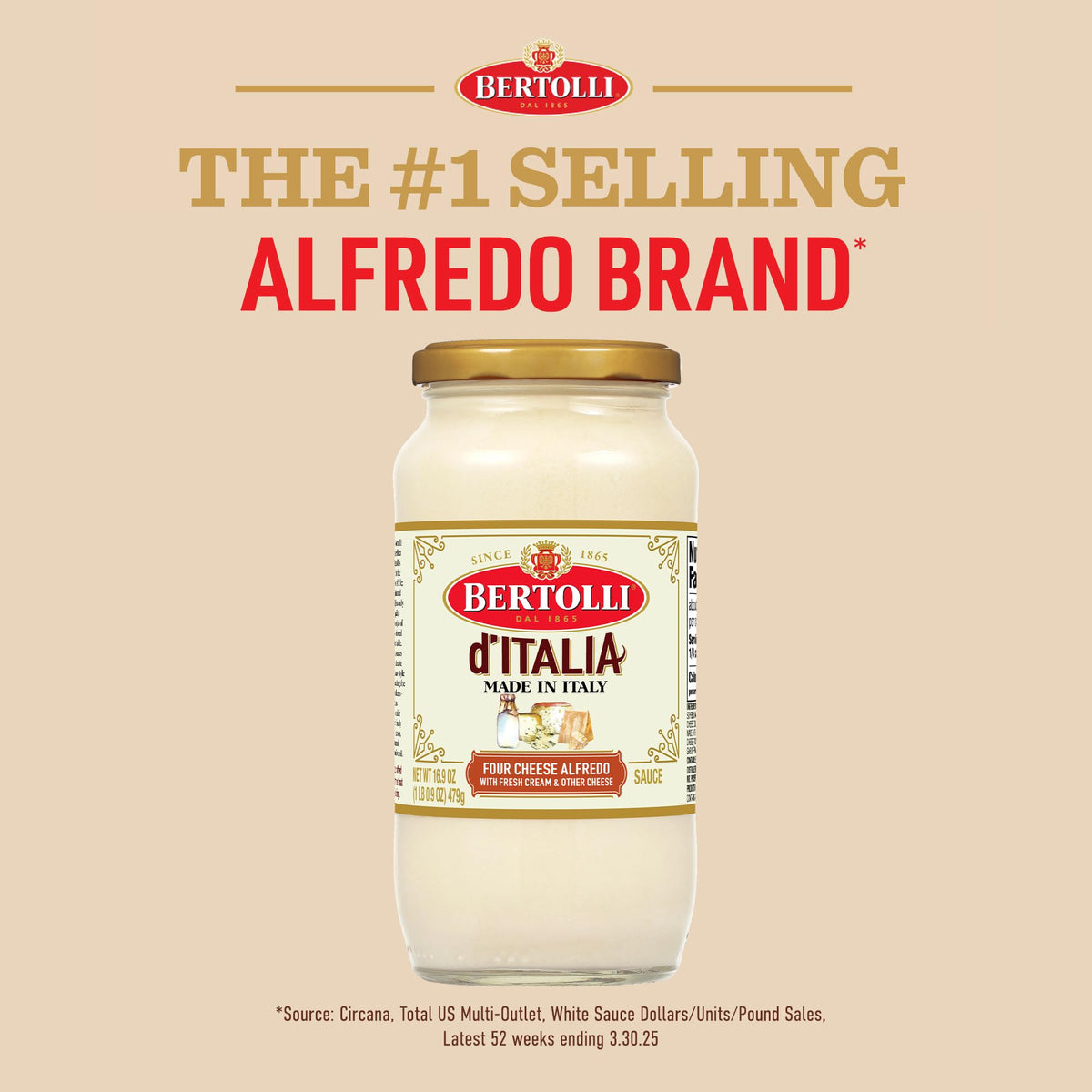 Bertolli d'Italia Four Cheese Alfredo ingredients emphasize aged cheeses and cream.