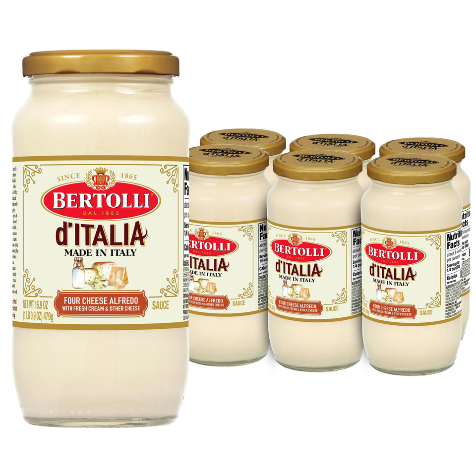 Bertolli d'Italia Four Cheese Alfredo sauce jar ready to elevate pasta nights.