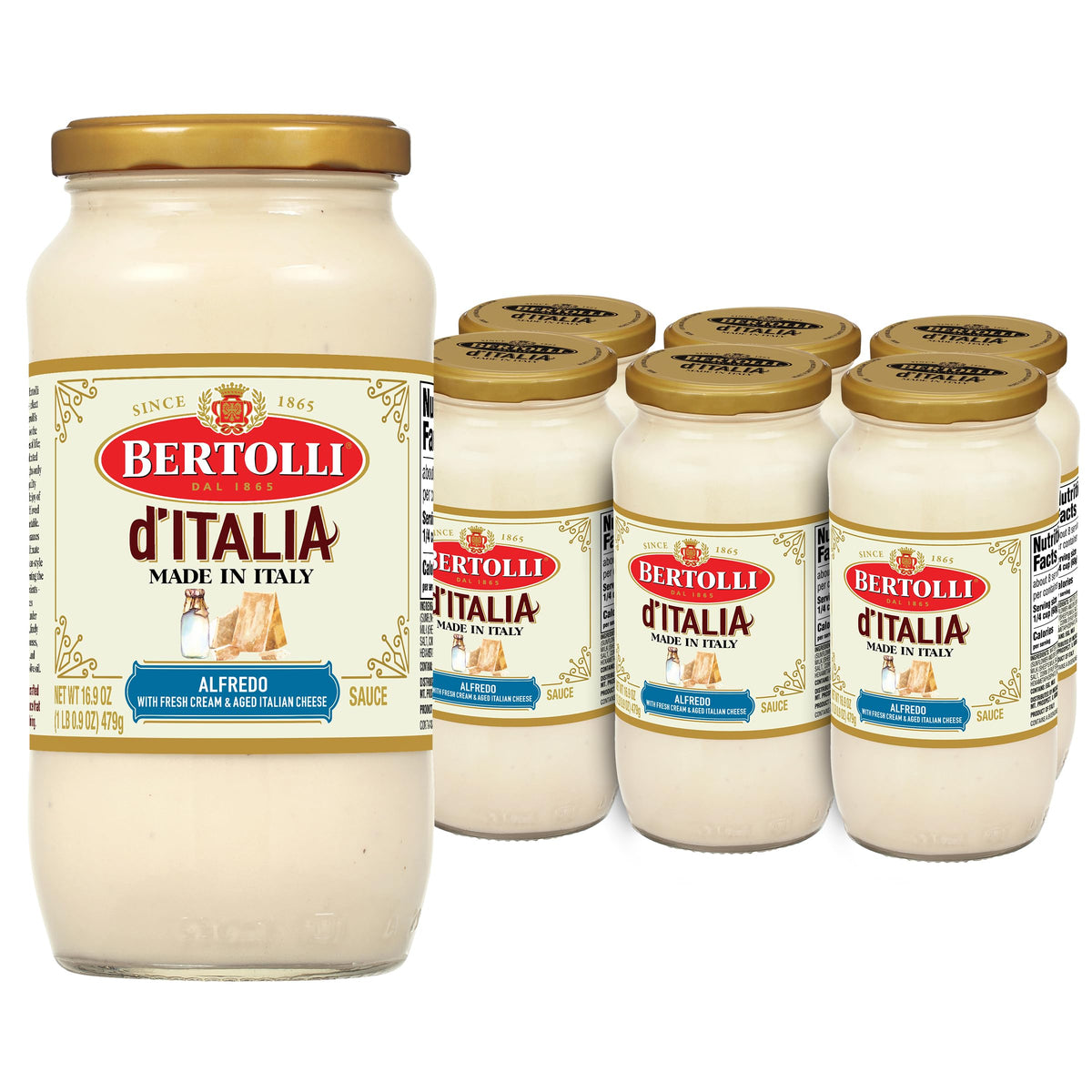 Bertolli d'Italia Alfredo Sauce jar front, ready to elevate weeknight pasta.