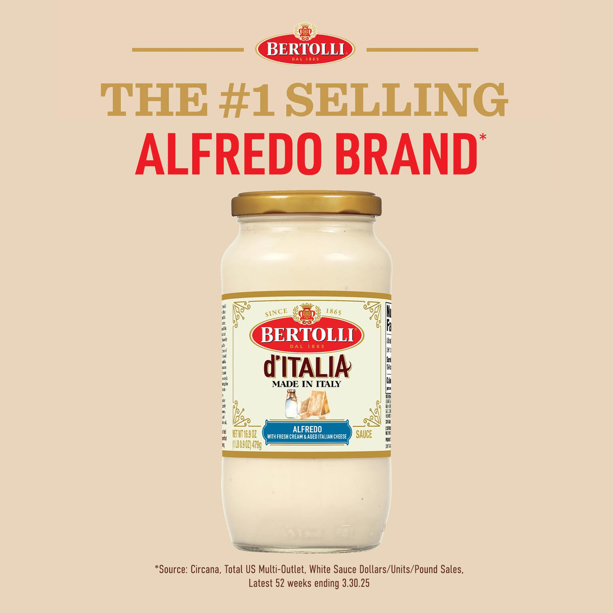 Pack of six Bertolli d'Italia Alfredo Sauce jars displayed for family meals.