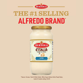 Pack of six Bertolli d'Italia Alfredo Sauce jars displayed for family meals.