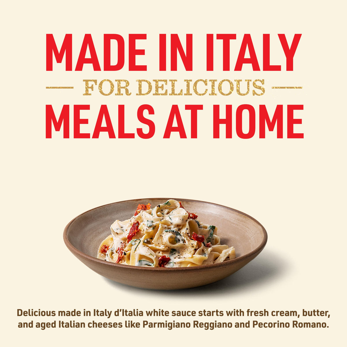 Bertolli d'Italia Alfredo Sauce being poured over pasta for quick dinner.