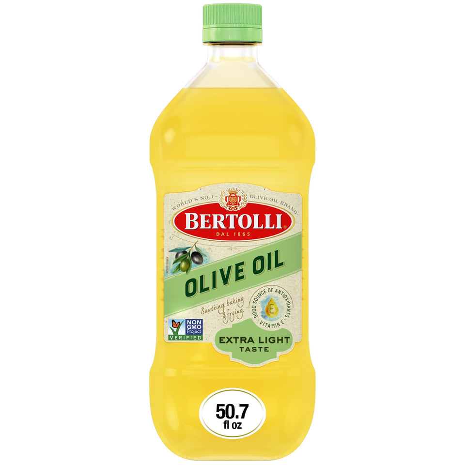 Bertolli Extra Light Olive Oil pours smoothly for high-heat cooking.