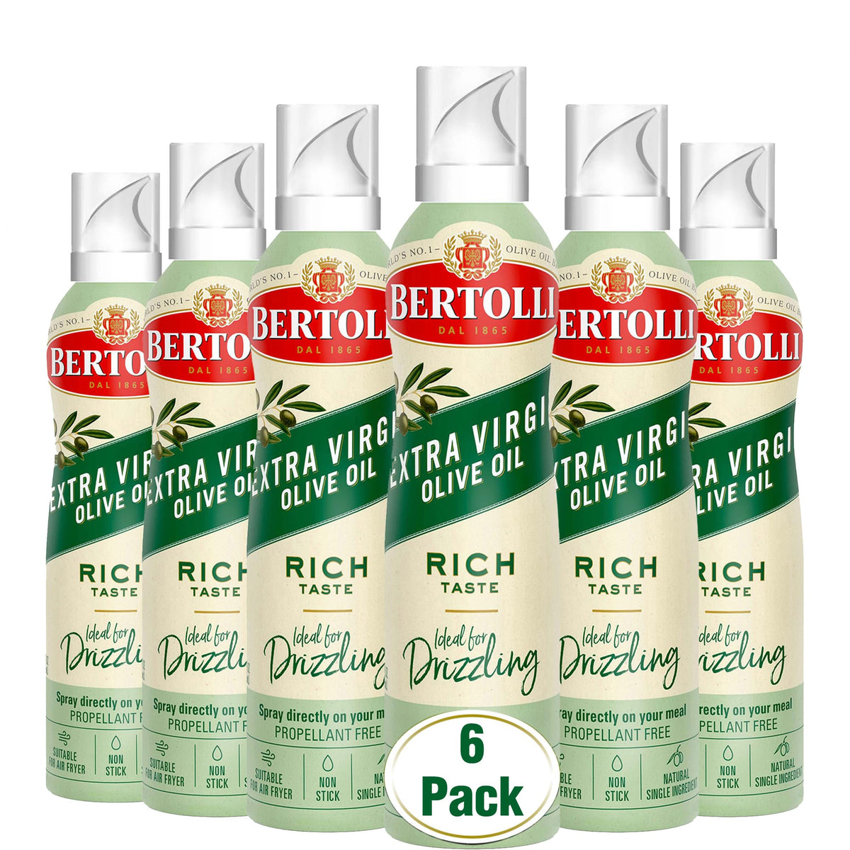 Bertolli Extra Virgin Olive Oil Spray front view ideal for quick, even salads