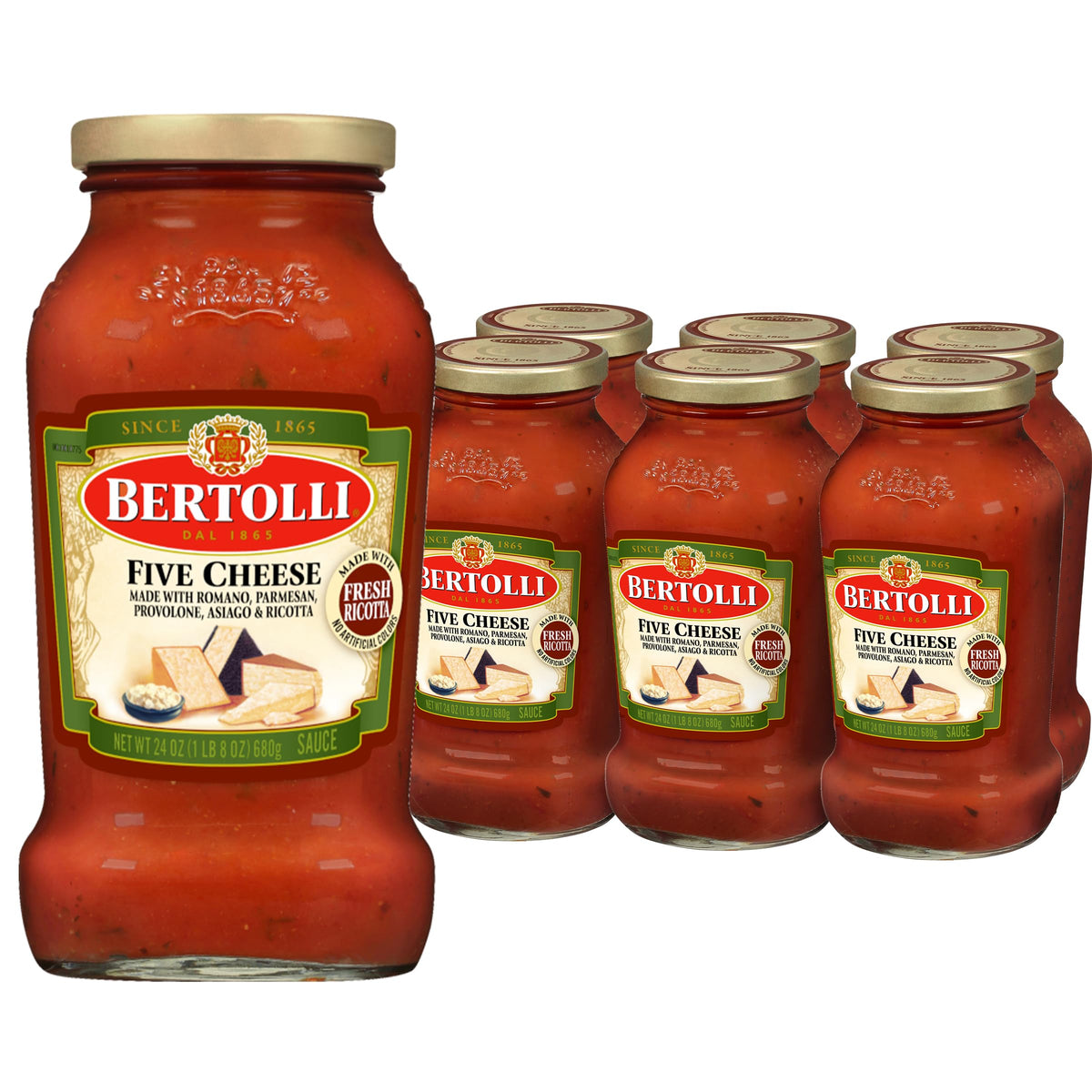 Bertolli Five Cheese Pasta Sauce jar beside fresh ingredients for quick weeknight meals