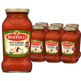 Bertolli Five Cheese Pasta Sauce jar beside fresh ingredients for quick weeknight meals