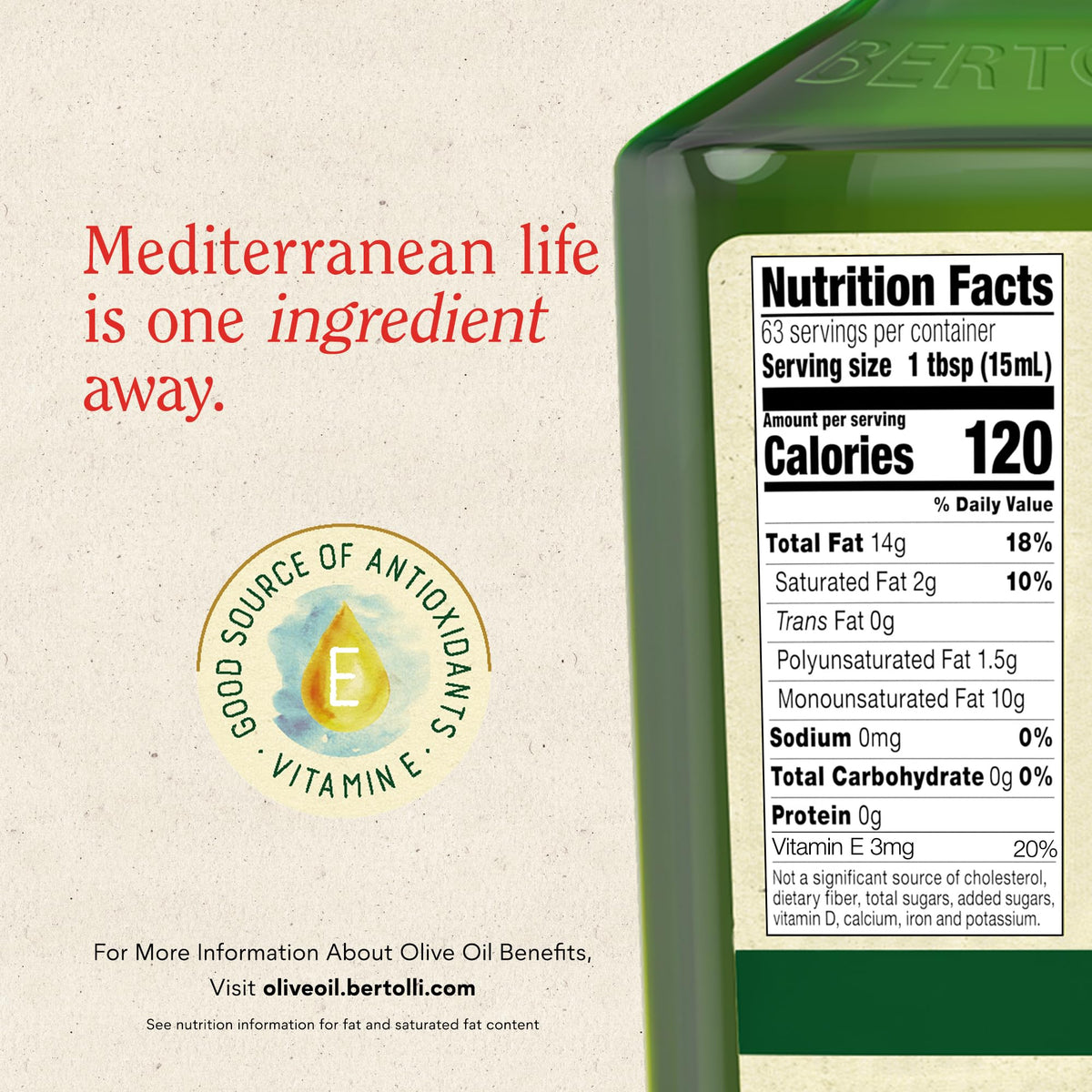 Bertolli olive oil with 365F smoke point for versatile high-heat cooking