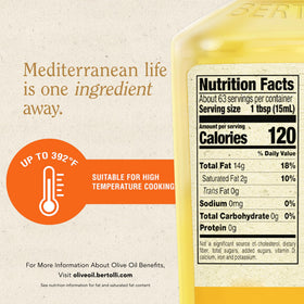 Bertolli olive oil with 392°F smoke point supports high-heat cooking