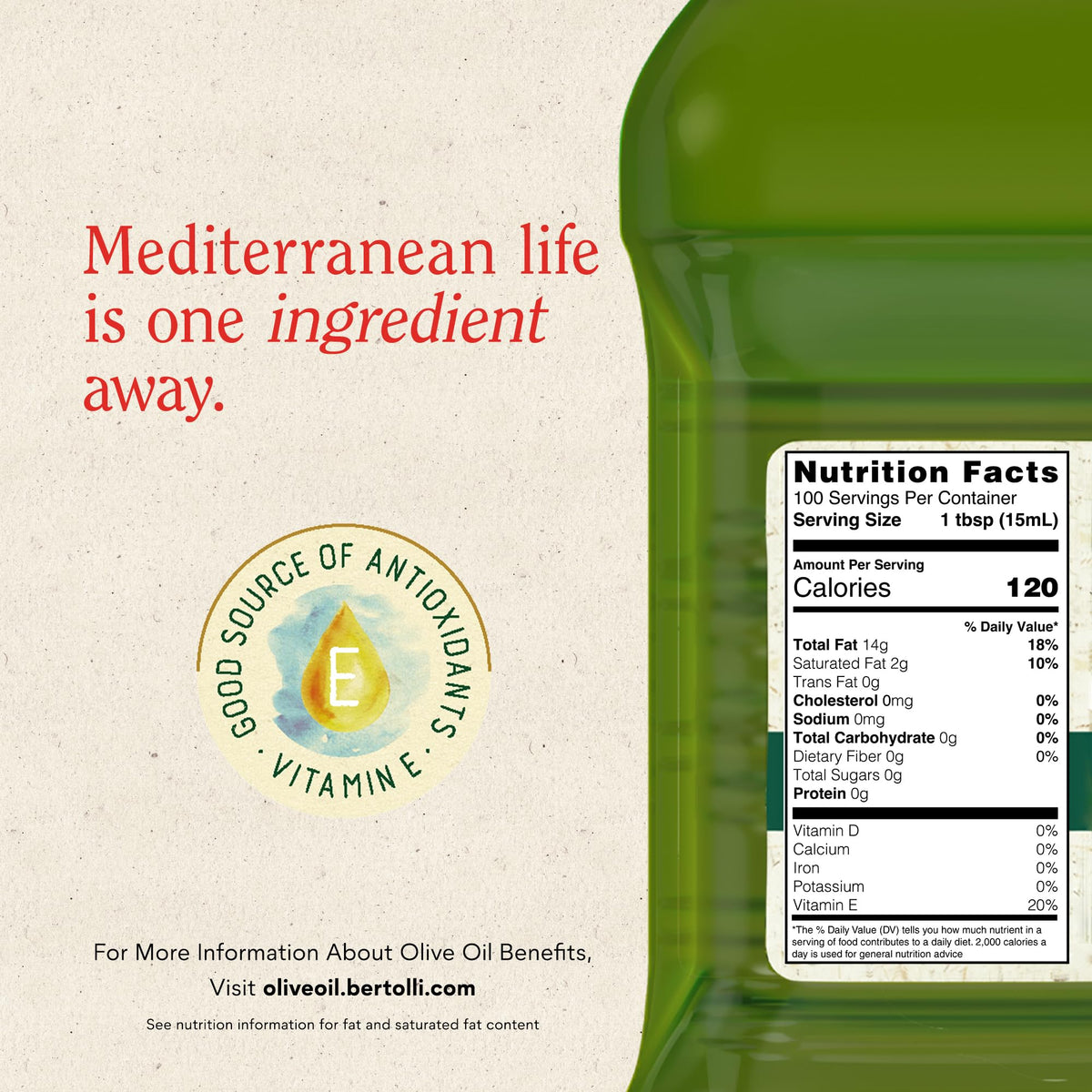 Bertolli 50.7 oz bulk refill bottle on kitchen counter.