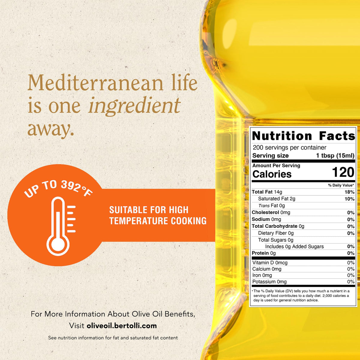 Bertolli Olive Oil high smoke point supports high-heat cooking.