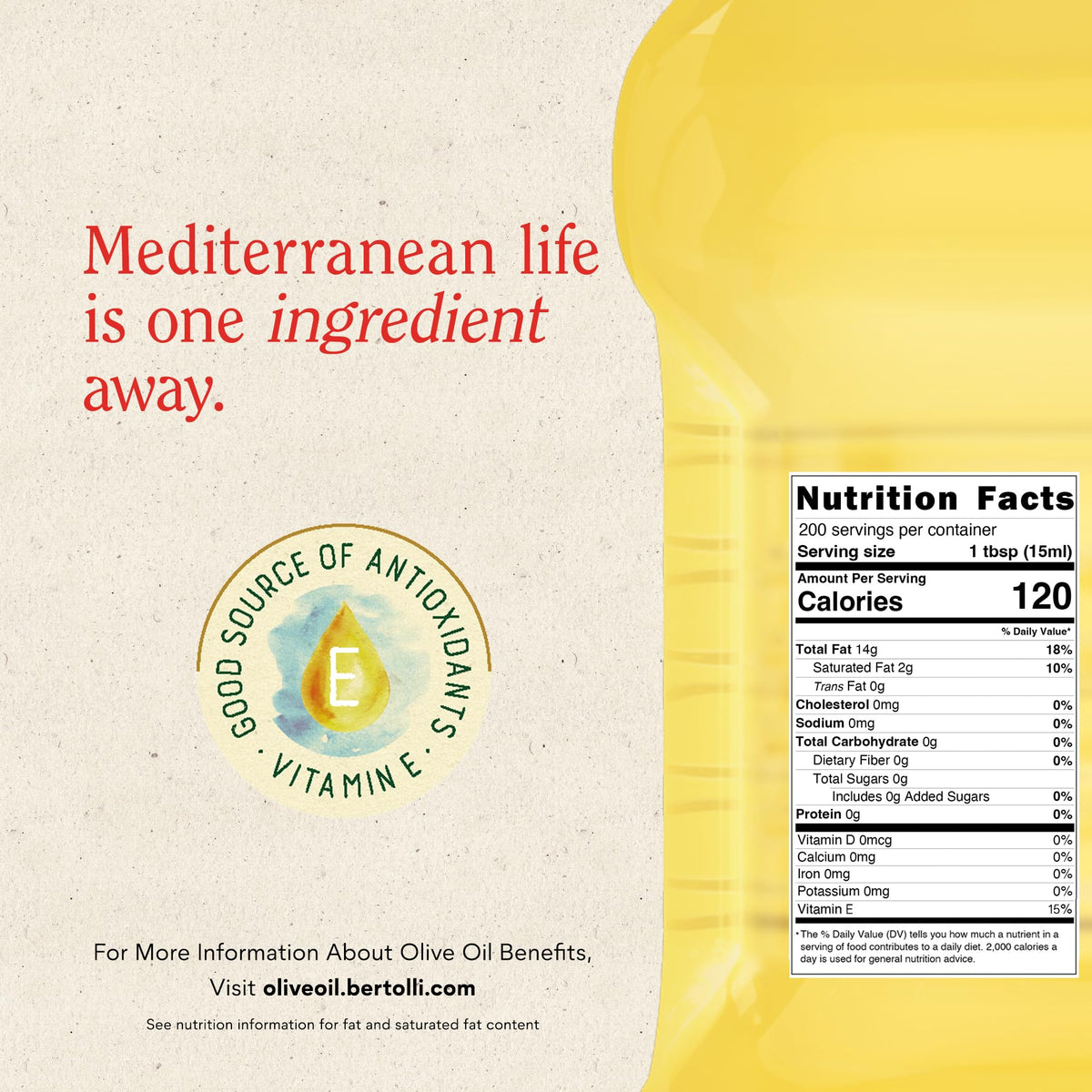 Bertolli olive oil bottle showing 392°F smoke point for high-heat cooking