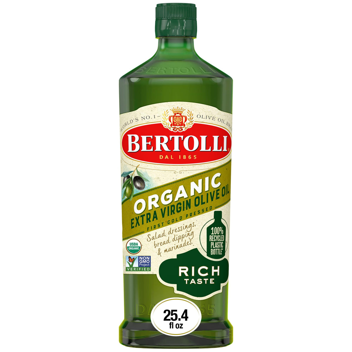 Bertolli Organic EVOO bottle closeup, rich flavor ideal for dressings and finishing dishes.