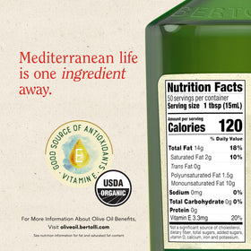 Bertolli Organic EVOO dark bottle stored in pantry preserves freshness.
