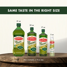 Bertolli Organic EVOO pasta dish plated with basil highlights versatility.