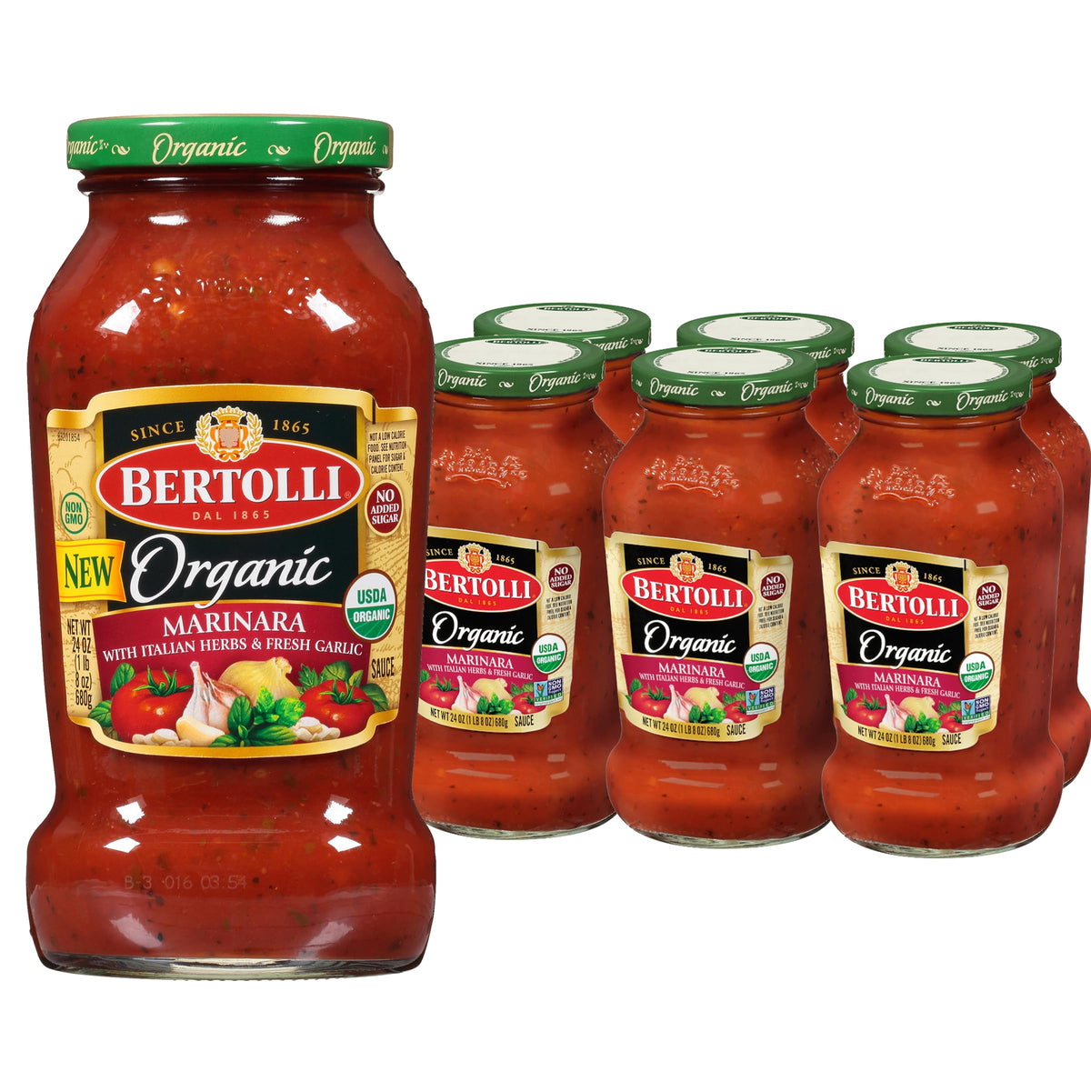 Bertolli Organic Marinara jar label highlights authentic ingredients for easy weeknight meals.