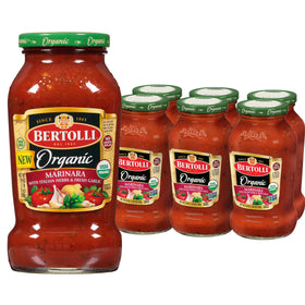 Bertolli Organic Marinara jar label highlights authentic ingredients for easy weeknight meals.