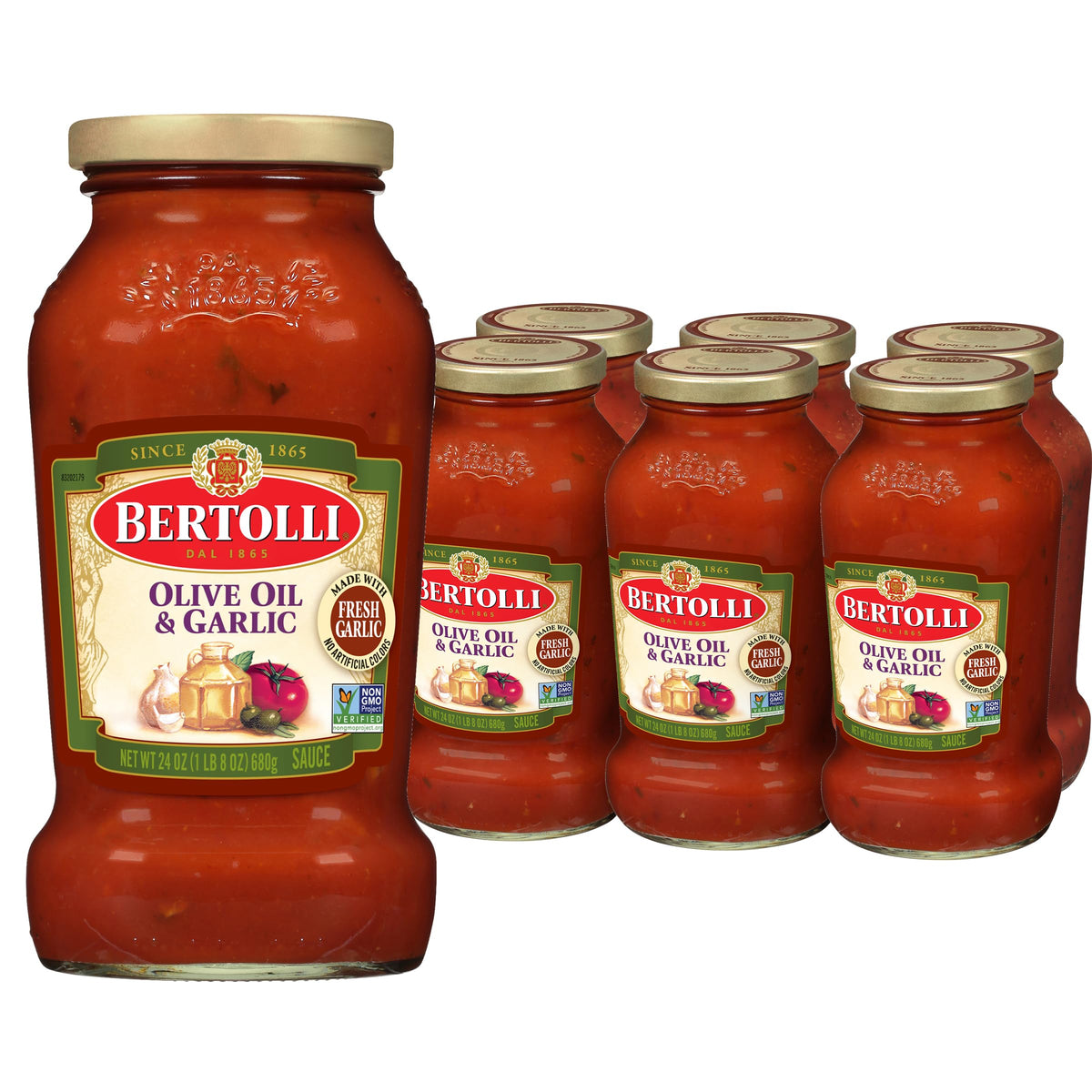 Bertolli pasta sauce with olive oil and garlic in a six-pack jar for easy meals