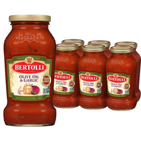 Bertolli pasta sauce with olive oil and garlic in a six-pack jar for easy meals
