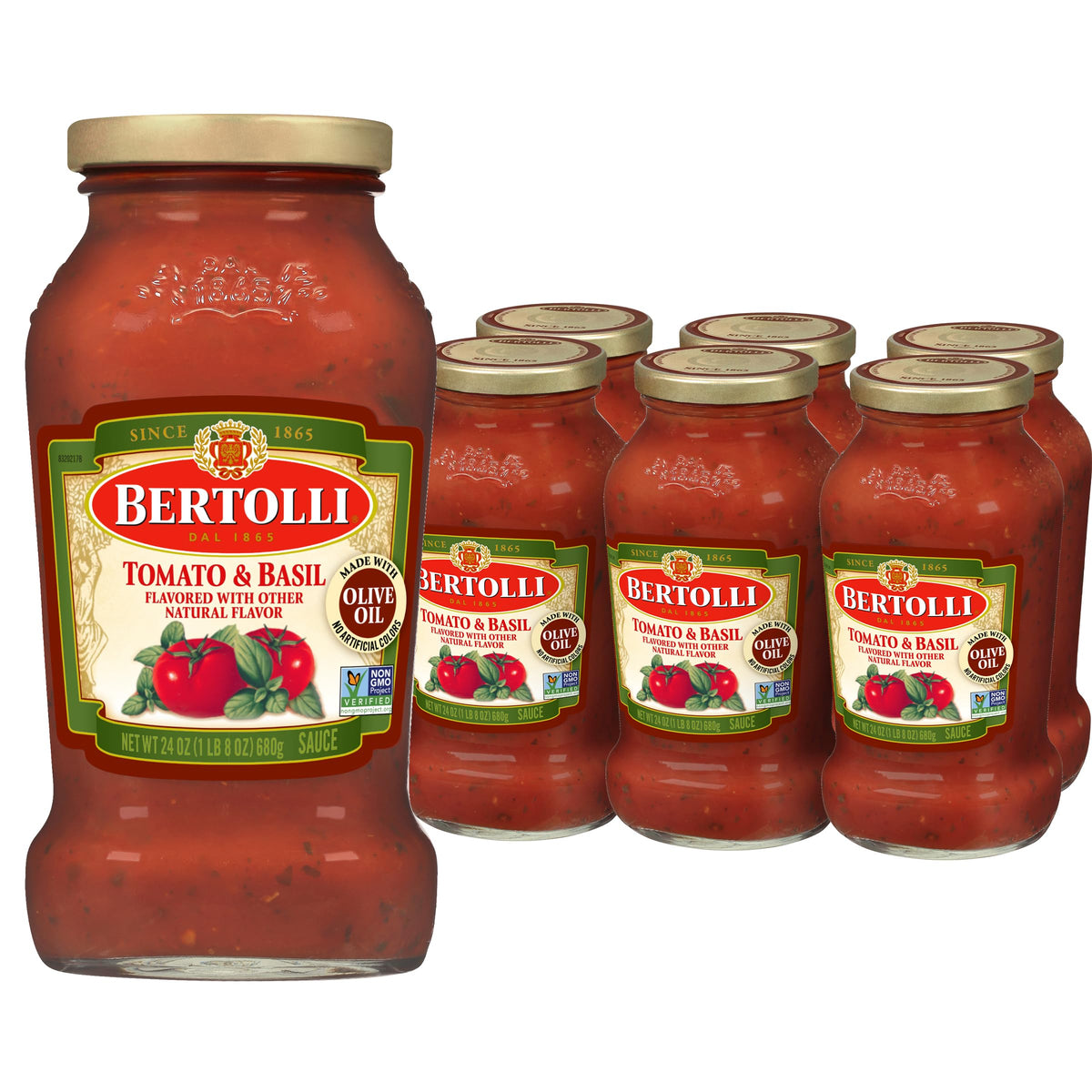Bertolli pasta sauce tomato and basil jars on a shelf, ready for quick weeknight meals.