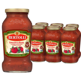 Bertolli pasta sauce tomato and basil jars on a shelf, ready for quick weeknight meals.