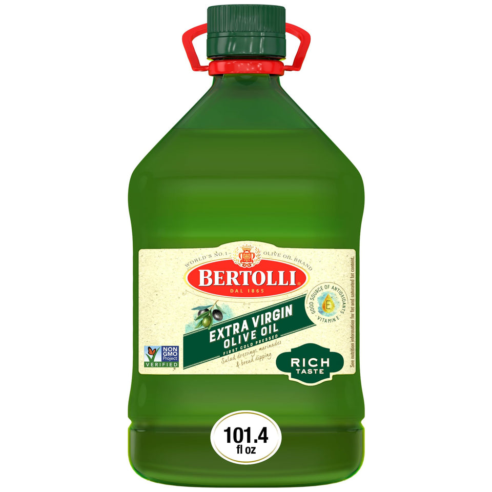 Bertolli EVOO bottle front showing rich taste and label detail for salads