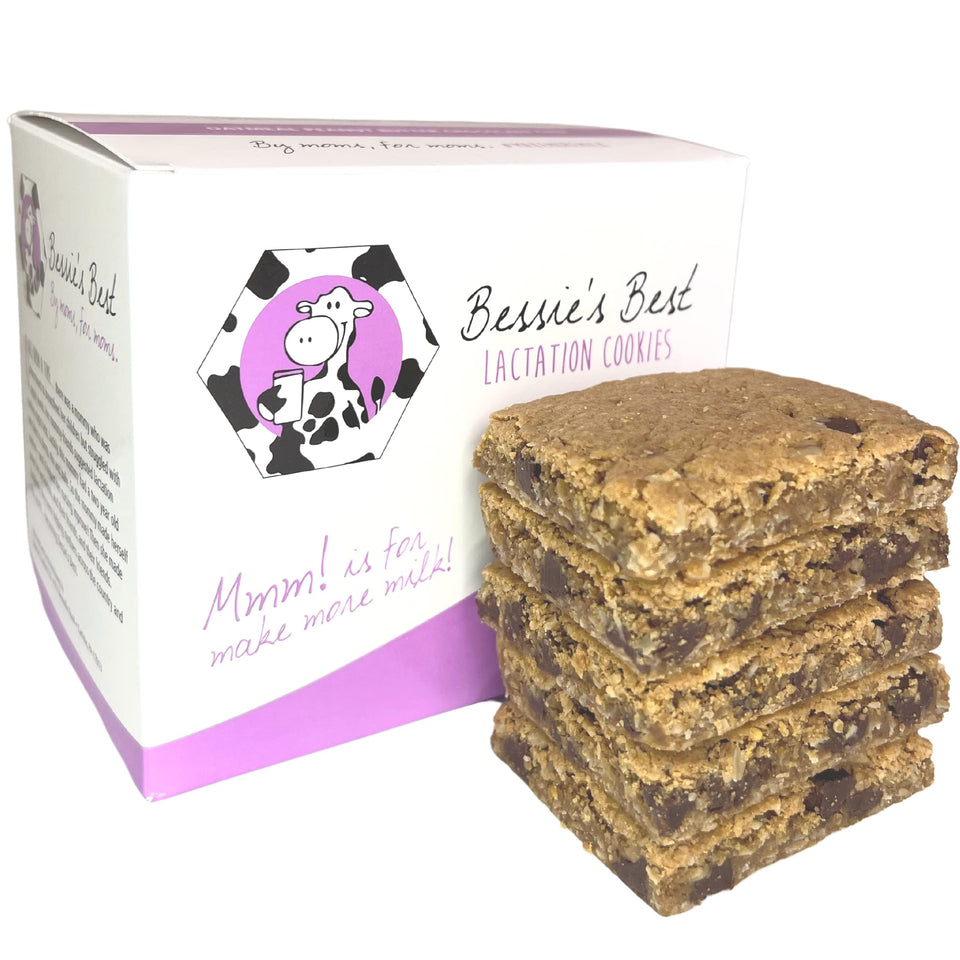 Bessie's Best Lactation Cookies box ready for a quick nursing snack.