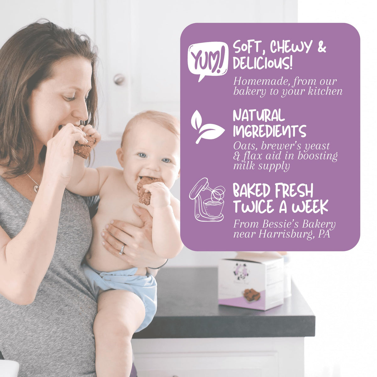 Close-up of chocolate chips in Bessie's Best Lactation Cookies for energy boost.