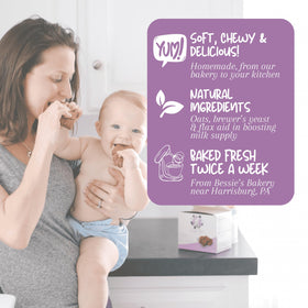 Close-up of chocolate chips in Bessie's Best Lactation Cookies for energy boost.