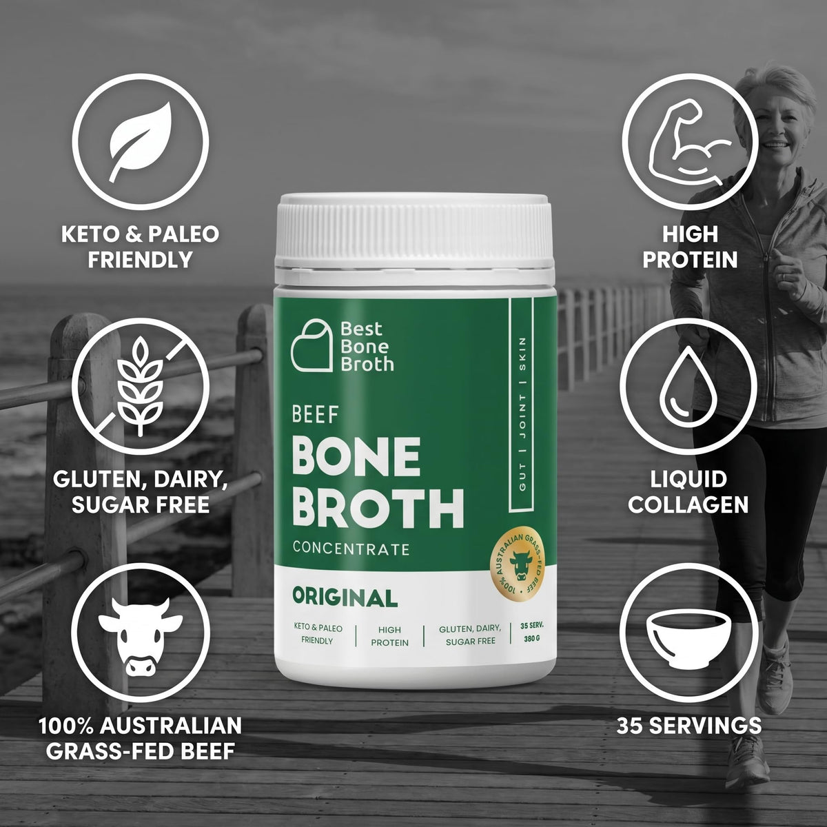 Best Bone Broth 35 servings packaging emphasizes value and convenience.