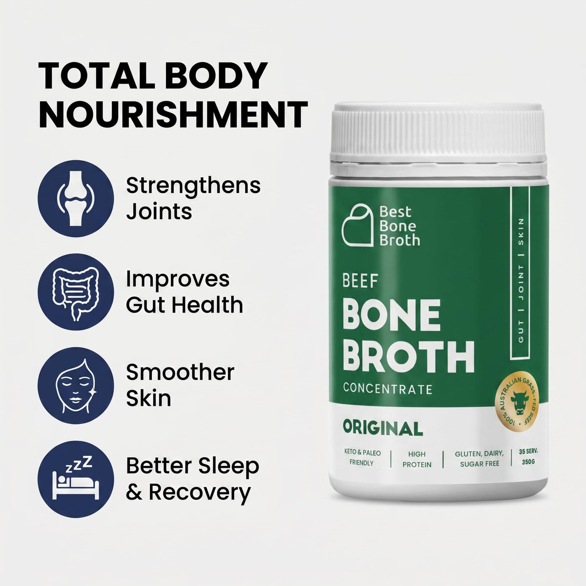 Best Bone Broth bottle label closeup highlights premium grass-fed sourcing.