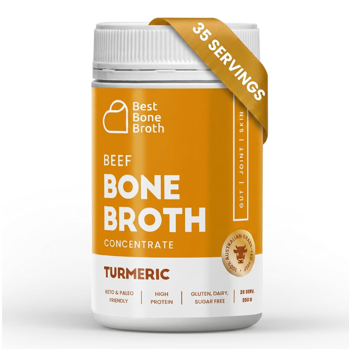 Best Bone Broth turmeric concentrate bottle shows grass-fed beef with protein boost.