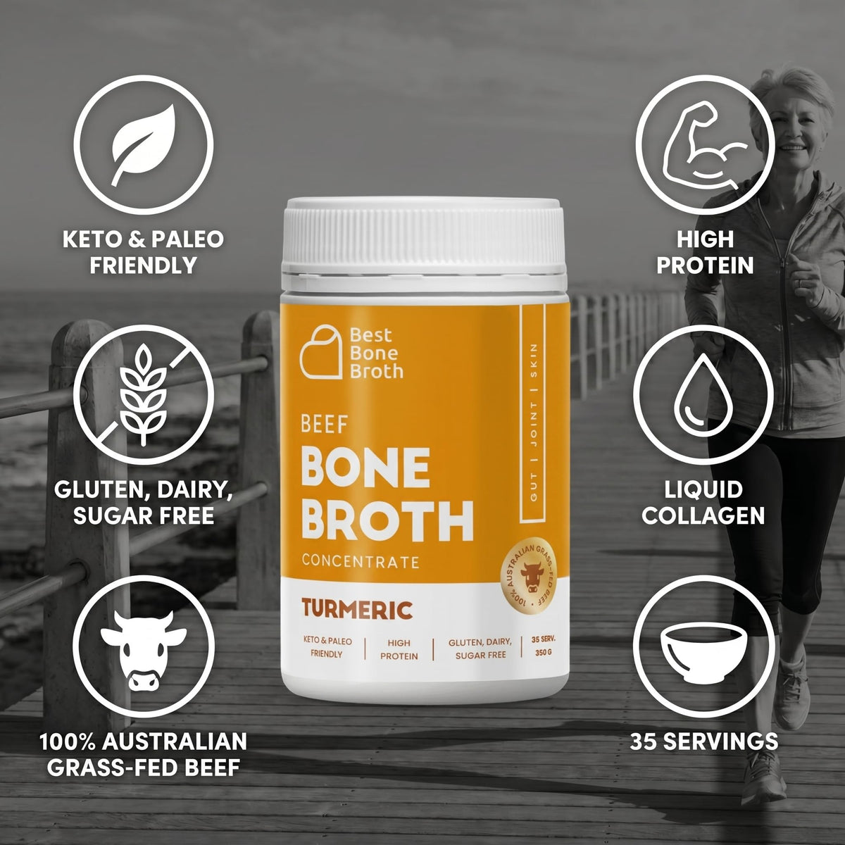Best Bone Broth turmeric concentrate scoop beside bottle suggests convenient portions.