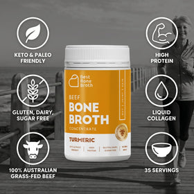 Best Bone Broth turmeric concentrate scoop beside bottle suggests convenient portions.