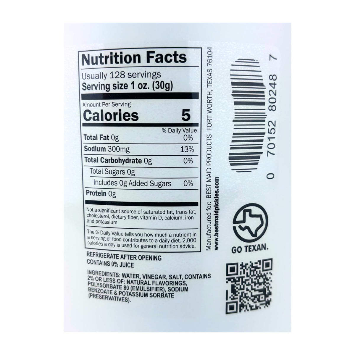Best Maid Dill Juice label closeup showing Go Texan Certified quality.