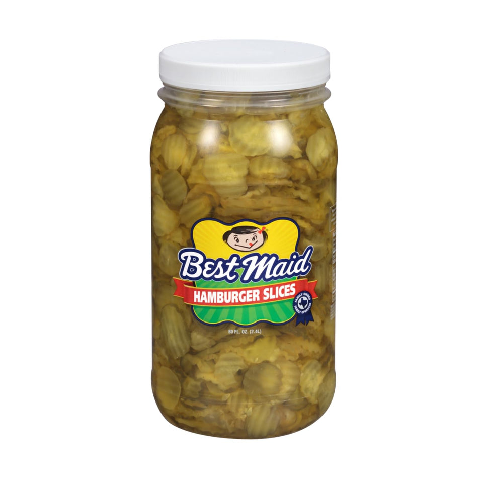Best Maid Hamburger Slices 80oz bottle front for quick burger prep.