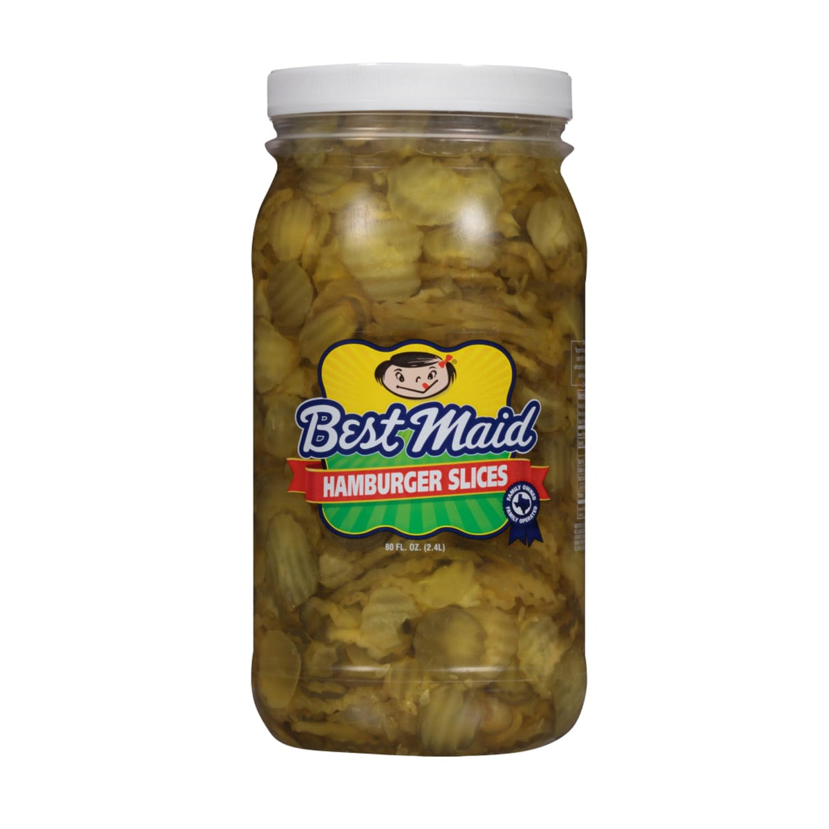 Best Maid Hamburger Slices 80oz jar on shelf suggests family-favorite pickles.