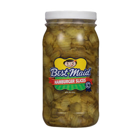 Best Maid Hamburger Slices 80oz jar on shelf suggests family-favorite pickles.