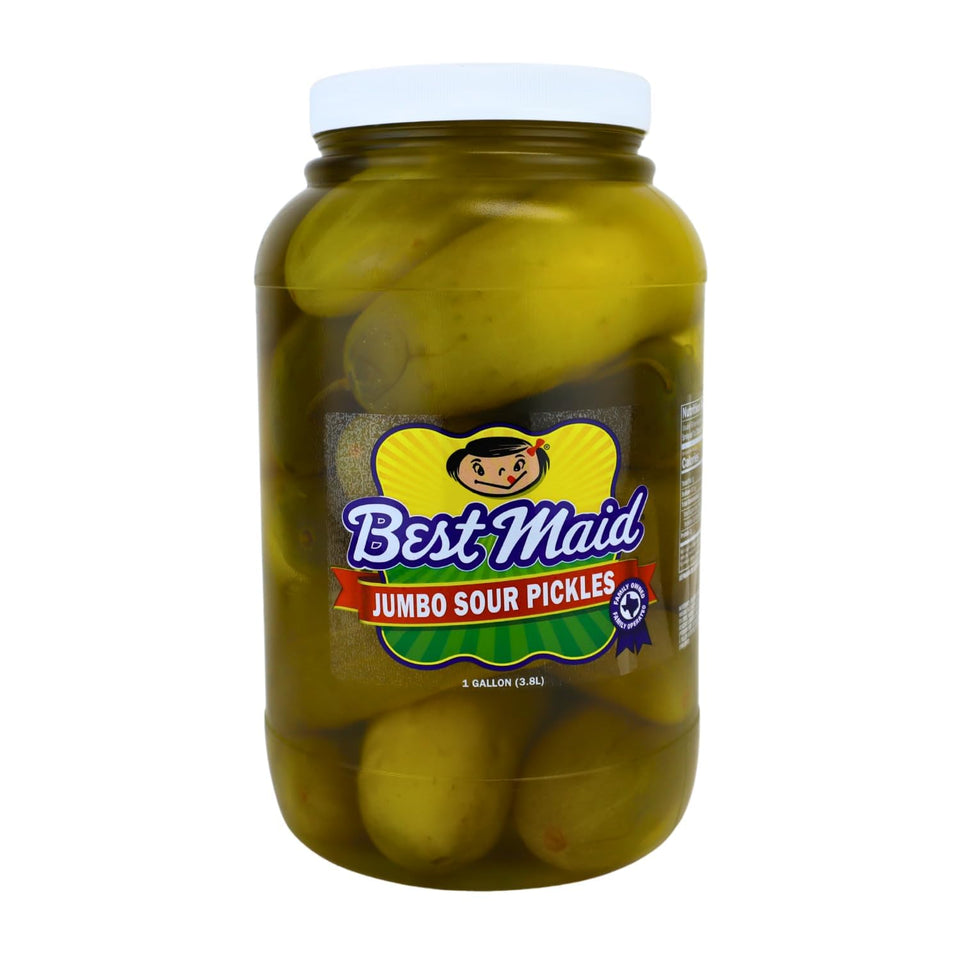 Best Maid Sour Pickles 1-gallon jar front view, crisp texture with bold tang for snacking.