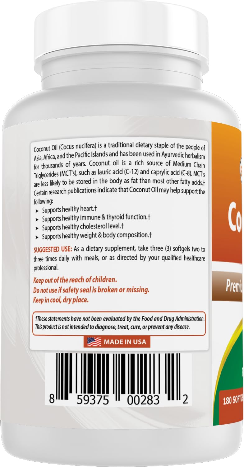 Best Naturals coconut oil softgels with no artificial additives, pure option.