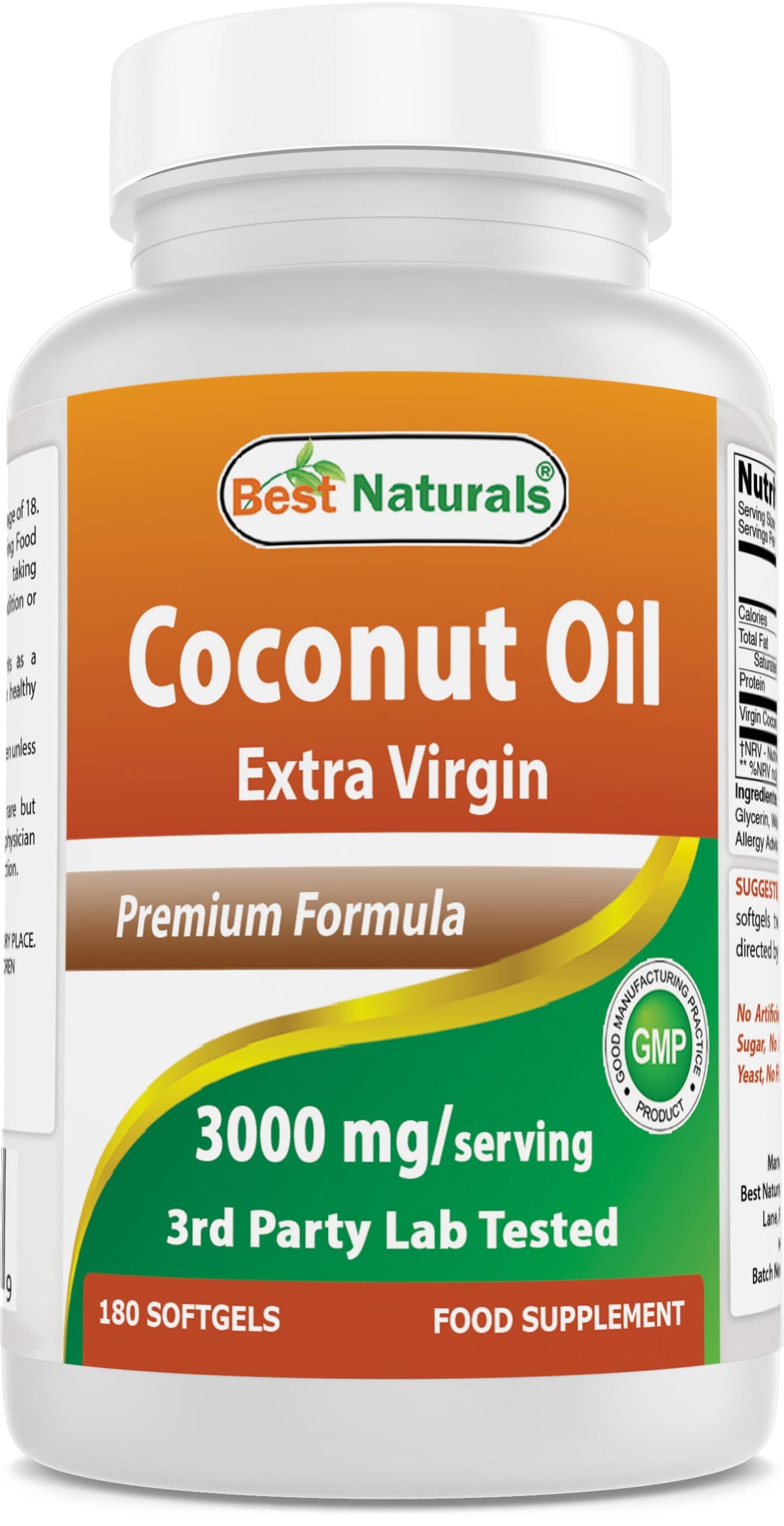 Best Naturals coconut oil softgel bottle and label, premium quality and purity.